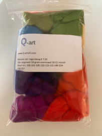 Merinowol kleur set: Regenboog 10x  ongeveer 10 gram merinowol 20-21 micron Kleur nrs. 100-102-105-122-123-131-149-154-156-167