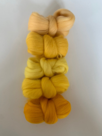 Merinowol kleur set: Geel 5 x  ongeveer 10 gram merinowol 20-21 micron Kleur nrs. 104-105-130-139-155