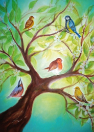 Ansichtkaart,  vogeltjes in boom