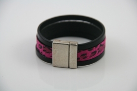 Magneetarmband zwart, fuchsia roze print leer, maat S/M