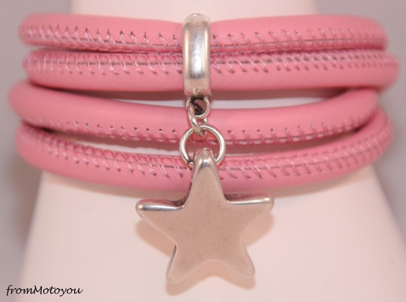 Stars on Colourz roze leren armband met ster bedel