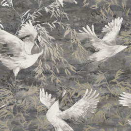 Dutch Wallcoverings Patagonia Behang 36104 Sarus Charcoal/Vogels/Kraanvogel