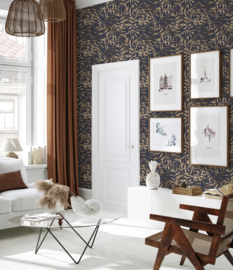 Annet Weelink Behang 8945004824417 Lola Leaves Navy/Bladeren