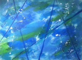 Schilderij 13/Kunst/Acryl/Modern/Strepen/Lijnen/Cirkels/Blauw/Groen