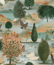 Dutch Wallcoverings Xanadu Behang 91531 Tundra Orange Green/Zwanen/Natuur