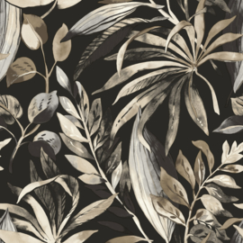 Dutch Karuna Behang A71203 Inky Palms zwart/zand/Grijs/Palmbladeren