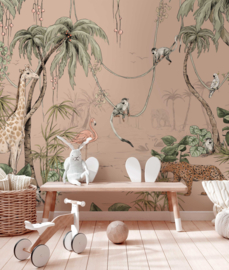 Annet Weelink Design Fotobehang 8785280858412 Jungle Jazz Dusty Blush/Dieren