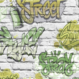Freestyle L17904 Legergroen/Bakstenen/Graffiti Behang -Dutch Wallcoverings
