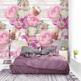 Behangexpresse Colorful INK7295 Tulips on Wood/Hout/Rozen/Bloemen/Landelijk Fotobehang