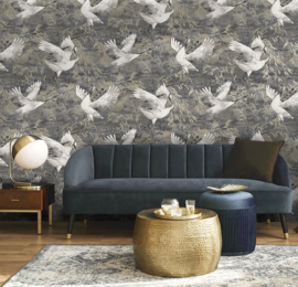 Dutch Wallcoverings Patagonia Behang 36104 Sarus Charcoal/Vogels/Kraanvogel