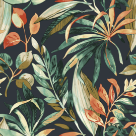 Dutch Karuna Behang A71202 Inky Palms blauw/groen/oranje/Palmbladeren