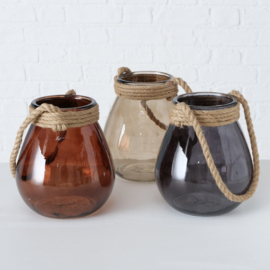 Windlicht - 3 set - Glas - Beige - Grijs - Bruin - Handmade - Ø19cm - Hoog 23cm - Jute
