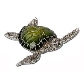 Schildpad - Decoratie  - Groen - Zilver - Beeld - 13x14x5cm - Polyserin
