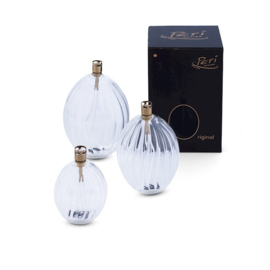 Olielamp - 3 set - incl trechter - Ovaal model - Peri Living - Ribbel Glas- Ø7.5-Ø9-Ø11cm. - Hoogte: 10.5 - 13 -15.5cm. - Messing