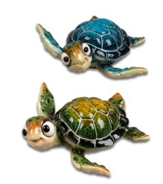 Schildpad - 2 set - Zwemmend - Decoratie - Groen - Blauw - Beeld - 12x13x5cm - Keramiek