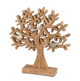 Levensboom - met Vogels - Op Mango Voet - 32x30cm - Zilver - Mango - Aluminium - Raw