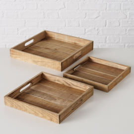 Dienblad  - 3 set - Hout  - Afmetingen: 24x24x3cm. 28x28x4cm. 32x32x5cm. - Past in elkaar - sfeervol - Naturel