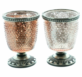 Moortje -Windlichten - 2 set - Glas - op voet - Ø7 x H10cm - antiek zilver