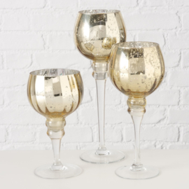 Windlichten - 3 set - Glas - op voet - H30-20cm - Ø10cm - Goud