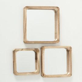 Spiegel - Wandspiegel - 3 set - Vierkant - 25x25x3cm. 30x30x3cm. 35x35x3cm. - Bruin - Hout