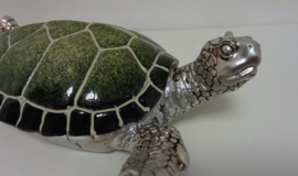 Schildpad - Decoratie  - Groen - Zilver - Beeld - 16x16x6.5cm - Polyserin - Hanger