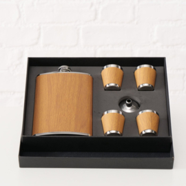 Heupfles - Bruin - set 6dlg - Flacon - Schenktuitje - 4 x Borreldopjes - Veldfles - RVS - Drinkfles - Platvink - Bruin - Zilver - 250ml