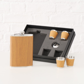 Heupfles - Bruin - set 6dlg - Flacon - Schenktuitje - 4 x Borreldopjes - Veldfles - RVS - Drinkfles - Platvink - Bruin - Zilver - 250ml