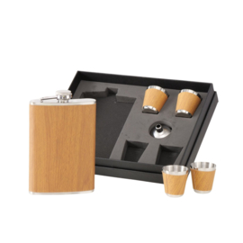 Heupfles - Bruin - set 6dlg - Flacon - Schenktuitje - 4 x Borreldopjes - Veldfles - RVS - Drinkfles - Platvink - Bruin - Zilver - 250ml