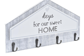 Sleutelrek - Keys for our sweet home - Wit - Grijs - 4 Haak donker - 39x4x19 cm