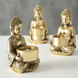 Boedha - 3 set - Theelicht houder - Goud - 14 cm