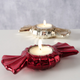 Waxine houder - Bonbon - Snoepjes - 2 set - Theelicht houder - Goud - Rood - Glas - 14 cm