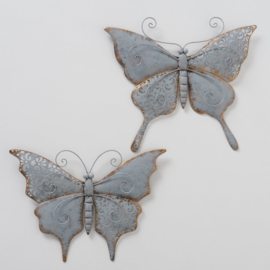 Vlinders - Wand decoratie - 2 set - Metaal - 41x37x2.5cm - Grijs