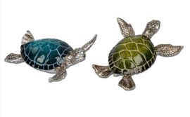 Schildpad - 2 set - Decoratie  - Groen - Blauw - Zilver - Beeld - 10x11x3cm - Polyserin