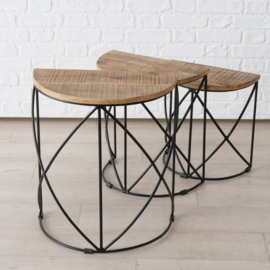 Tafel - 3 set - Smeedijzer - Mango hout- Half rond 58-30-45cm