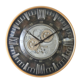 Klok - Wandklok - Radar klok - Tandwielen - Met Glasplaat - Ø 59cm - Metaal - industrieel - Zwart - Oud Zilver- Goud.