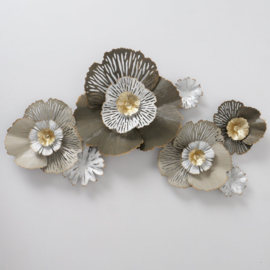 Wanddecoratie - Muurdecoratie -  Bloemen - 110x64x10cm - Metaal - Bruin - Goud - Wit