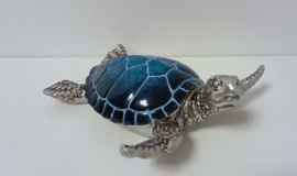 Schildpad - Decoratie  - Blauw- Zilver - Beeld - 16x16x6.5cm - Polyserin - Hanger