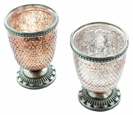 Moortje -Windlichten - 2 set - Glas - op voet - Ø7 x H10cm - antiek zilver