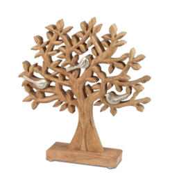Levensboom - met Vogels - Op Mango Voet - 27x25cm - Zilver - Mango - Aluminium - Raw