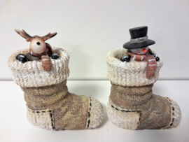 Kerst - Sneeuwpop en Hert - Decoratie - 2 set - Sok - Polyserin - 14x10x6cm