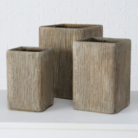 Bloem bak - Planten bak - Hout nerf - Fiberglass - 3 set - Vierkant - 25x38cm -31x44 - 37x50cm. -  Bruin- Grijs .