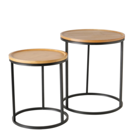 Bijzet tafel - Bamboe Hout - 2set - ijzer - Hoog 45.50cm en 38.50cm - Ø33cm en Ø40cm- Zwart - Bruin