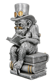 Aap - Beeld - 13x11x23cm. - Steam punk -  "Steampunk reading ape"- industrieel - Polyresin - Grijs - Sciencefiction.