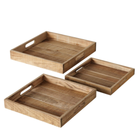 Dienblad  - 3 set - Hout  - Afmetingen: 24x24x3cm. 28x28x4cm. 32x32x5cm. - Past in elkaar - sfeervol - Naturel