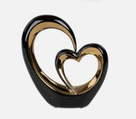 Hart - Liefde - Beeld - Decoratie - Zwart - Goud - Kunst - Glans -24x21x7cm.