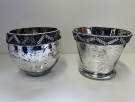 Windlichten - 2 set - Glas - op voet - Ø16 x H12cm - antiek zilver