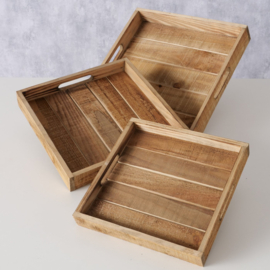 Dienblad  - 3 set - Hout  - Afmetingen: 24x24x3cm. 28x28x4cm. 32x32x5cm. - Past in elkaar - sfeervol - Naturel