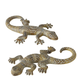 Gekko - Hagedis - Beeld - Decoratie - 2 set - 22x16x3cm - Bruin - wit - Polyresin