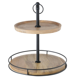 Etagère - 2 laag - Mango Hout - 38cm - Ø 34cm - Naturel - Metaal - Rond