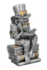 Aap - Beeld - 13x11x23cm. - Steam punk -  "Steampunk reading ape"- industrieel - Polyresin - Grijs - Sciencefiction.